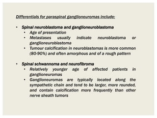 Differentials for paraspinal ganglioneuromas include:
• Spinal neuroblastoma and ganglioneuroblastoma
• Age of presentation
• Metastases usually indicate neuroblastoma or
ganglioneuroblastoma
• Tumour calcification in neuroblastomas is more common
(80-90%) and often amorphous and of a rough pattern
• Spinal schwannoma and neurofibroma
• Relatively younger age of affected patients in
ganglioneuromas
• Ganglioneuromas are typically located along the
sympathetic chain and tend to be larger, more rounded,
and contain calcification more frequently than other
nerve sheath tumors
 