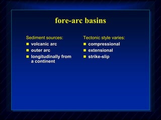 fore-arc basins
Sediment sources:
 volcanic arc
 outer arc
 longitudinally from
a continent
Tectonic style varies:
 compressional
 extensional
 strike-slip
 