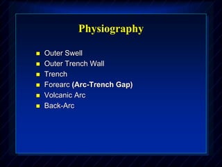 Physiography
 Outer Swell
 Outer Trench Wall
 Trench
 Forearc (Arc-Trench Gap)
 Volcanic Arc
 Back-Arc
 