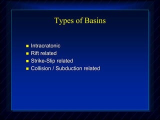 Types of Basins
 Intracratonic
 Rift related
 Strike-Slip related
 Collision / Subduction related
 