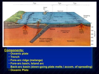 Components:
• Oceanic plate
• Trench
• Fore-arc ridge (melange)
• Fore-arc basin, Island arc
Back-arc basin (down-going plate melts / accom. of spreading)
• Oceanic Plate
 