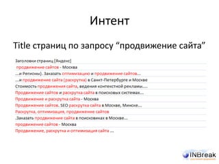 Интент
Title страниц по запросу “продвижение сайта”
 
