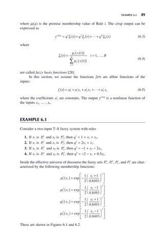 EXAMPLE 6.1 89
where μi(x) is the premise membership value of Rule i. The crisp output can be
expressed as
y q t q t q t
R
R
crisp
= ( )+ ( )+ + ( )
1
1
2
2
ξ ξ ξ
 (6.3)
where
ξ
μ
μ
i
i
j
j
R
t
x t
x t
i R
( ) =
( )
( )
( )
( )
=
=
∑
1
1, ,
…
(6.4)
are called fuzzy basis functions [28].
In this section, we assume the functions fi(•) are affine functions of the
inputs:
f a a x a x a x
i
i i i
n
i
n
i 
( ) = + + + +
0 1 1 2 2 (6.5)
where the coefficients aj
i
are constants. The output ycrisp
is a nonlinear function of
the inputs x1, … , xn.
EXAMPLE 6.1
Consider a two-input T–S fuzzy system with rules
1. If x1 is P1
1
and x2 is P2
1
, then q1
= 1 + x1 + x2.
2. If x1 is P1
1
and x2 is P2
2
, then q2
= 2x1 + x2.
3. If x1 is P1
2
and x2 is P2
1
, then q3
= −1 + x1 − 2x2.
4. If x1 is P1
2
and x2 is P2
2
, then q4
= −2 − x1 + 0.5x2.
Inside the effective universe of discourse the fuzzy sets P1
1
, P1
2
, P2
1
, and P2
2
are char-
acterized by the following membership functions:
μ1
1
1
1
2
1
2
1
0 8493
x
x
( ) = −
+
⎛
⎝
⎜
⎞
⎠
⎟
⎡
⎣
⎢
⎤
⎦
⎥
exp
.
μ1
2
1
1
2
1
2
1
0 8493
x
x
( ) = −
−
⎛
⎝
⎜
⎞
⎠
⎟
⎡
⎣
⎢
⎤
⎦
⎥
exp
.
μ2
1
2
2
2
1
2
1
0 8493
x
x
( ) = −
+
⎛
⎝
⎜
⎞
⎠
⎟
⎡
⎣
⎢
⎤
⎦
⎥
exp
.
μ2
2
2
2
2
1
2
1
0 8493
x
x
( ) = −
−
⎛
⎝
⎜
⎞
⎠
⎟
⎡
⎣
⎢
⎤
⎦
⎥
exp
.
These are shown in Figures 6.1 and 6.2.
 