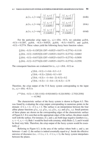 6.1 TAKAGI–SUGENO FUZZY SYSTEMS AS INTERPOLATORS BETWEEN MEMORYLESS FUNCTIONS 91
μ2 1 2
1
2
2
1
2
1
0 8493
1
2
1
0 8493
x x
x x
, exp
.
exp
.
( ) = −
+
⎛
⎝
⎜
⎞
⎠
⎟
⎡
⎣
⎢
⎤
⎦
⎥ −
−
⎛
⎝
⎜
⎞
⎞
⎠
⎟
⎡
⎣
⎢
⎤
⎦
⎥
2
(6.6b)
μ3 1 2
1
2
2
1
2
1
0 8493
1
2
1
0 8493
x x
x x
, exp
.
exp
.
( ) = −
−
⎛
⎝
⎜
⎞
⎠
⎟
⎡
⎣
⎢
⎤
⎦
⎥ −
+
⎛
⎝
⎜
⎞
⎞
⎠
⎟
⎡
⎣
⎢
⎤
⎦
⎥
2
(6.6c)
μ4 1 2
1
2
2
1
2
1
0 8493
1
2
1
0 8493
x x
x x
, exp
.
exp
.
( ) = −
−
⎛
⎝
⎜
⎞
⎠
⎟
⎡
⎣
⎢
⎤
⎦
⎥ −
−
⎛
⎝
⎜
⎞
⎞
⎠
⎟
⎡
⎣
⎢
⎤
⎦
⎥
2
(6.6d)
For the particular crisp input (x1, x2) = (0.6, −0.3), we calculate μ1(0.6,
−0.3) = 0.1207, μ2(0.6, −0.3) = 0.0525, μ3(0.6, −0.3) = 0.6373, and μ4(0.6,
−0.3) = 0.2774. These values yield the following fuzzy basis function values:
ξ1 0 6 0 3 0 1207 0 1207 0 0525 0 6373 0 2774 0 1110
. , . . . . . . .
−
( ) = + + +
( ) =
ξ2 0 6 0 3 0 0525 0 1207 0 0525 0 6373 0 2774 0 0483
. , . . . . . . .
−
( ) = + + +
( ) =
ξ3 0 6 0 3 0 6373 0 1207 0 0525 0 6373 0 2774 0 5858
. , . . . . . . .
−
( ) = + + +
( ) =
ξ4 0 6 0 3 0 2774 0 1207 0 0525 0 6373 0 2774 0 2550
. , . . . . . . .
−
( ) = + + +
( ) =
The consequent functions are evaluated for (x1, x2) = (0.6, −0.3) as
q1
0 6 0 3 1 0 6 0 3 1 3
. , . . . .
−
( ) = + − =
q2
0 6 0 3 2 0 6 0 3 0 9
. , . . . .
−
( ) = ( )− =
q3
0 6 0 3 1 0 6 2 0 3 0 2
. , . . . .
−
( ) = − + − −
( ) =
q4
0 6 0 3 2 0 6 5 0 3 2 75
. , . . . . .
−
( ) = − − + −
( ) = −
Therefore, the crisp output of the T–S fuzzy system corresponding to the input
(x1, x2) = (0.6, −0.3) is
ycrisp
0 6 0 3 1 3 0 1110 0 9 0 0483 0 2 0 5858 2 75 0
. , . . . . . . . .
−
( ) = ( )+ ( )+ ( )− .
.
2550
0 3962
( )
= −
The characteristic surface of the fuzzy system is shown in Figure 6.3. This
was found by evaluating the crisp output corresponding to numerous points in the
domain −2 ≤ x1  2, −2 ≤ x2  2. The surface is an interpolation between the four
affine planar functions q1
(x1, x2), q2
(x1, x2), q3
(x1, x2), and q4
(x1, x2). Small portions
of these planes are shown on the corresponding edges of the characteristic surface
of Figure 6.3. It is seen that on the appropriate edges of the surface, the planes match
well with the surface. For instance, if x1 and x2 are both large negative numbers (i.e.,
x1  −1, x2  −1), Rule 1 would be fired with certainty, while Rules 2, 3, and 4 would
be fired very little. Therefore, the crisp output of the fuzzy system would be essen-
tially q1
.
Referring to Figure 6.3, in the area of the surface where both x1 and x2 are
between −1 and −2, the surface is indeed essentially equal to q1
. Inside the effective
universe of discourse (i.e., −1 ≤ x1  1, −1 ≤ x2  1), the fuzzy system interpolates
between the planes.
 