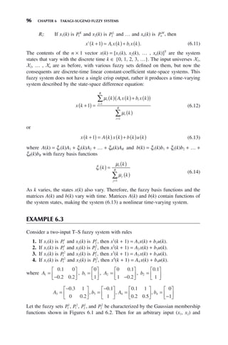 96 CHAPTER 6 TAKAGI–SUGENO FUZZY SYSTEMS
Ri: If x1(k) is PK
1 and x2(k) is PL
2 and … and xn(k) is Pn
M
, then
x k A x k b x k
i
i i
+
( ) = ( )+ ( )
1 . (6.11)
The contents of the n × 1 vector x(k) = [x1(k), x2(k), … , xn(k)]T
are the system
states that vary with the discrete time k ∈ {0, 1, 2, 3, …}. The input universes X1,
X2, … , Xn are as before, with various fuzzy sets defined on them, but now the
consequents are discrete-time linear constant-coefficient state-space systems. This
fuzzy system does not have a single crisp output, rather it produces a time-varying
system described by the state-space difference equation:
x k
k A x k b x k
k
i i i
i
R
i
i
R
+
( ) =
( ) ( )+ ( )
( )
( )
=
=
∑
∑
1 1
1
μ
μ
(6.12)
or
x k A k x k b k u k
+
( ) = ( ) ( )+ ( ) ( )
1 (6.13)
where A(k) = ξ1(k)A1 + ξ2(k)A2 + … + ξR(k)AR and b(k) = ξ1(k)b1 + ξ2(k)b2 + … +
ξR(k)bR with fuzzy basis functions
ξ
μ
μ
i
i
j
j
R
k
k
k
( ) =
( )
( )
=
∑
1
(6.14)
As k varies, the states x(k) also vary. Therefore, the fuzzy basis functions and the
matrices A(k) and b(k) vary with time. Matrices A(k) and b(k) contain functions of
the system states, making the system (6.13) a nonlinear time-varying system.
EXAMPLE 6.3
Consider a two-input T–S fuzzy system with rules
1. If x1(k) is P1
1
and x2(k) is P2
1
, then x1
(k + 1) = A1x(k) + b1u(k).
2. If x1(k) is P1
1
and x2(k) is P2
2
, then x2
(k + 1) = A2 x(k) + b2u(k).
3. If x1(k) is P1
2
and x2(k) is P2
1
, then x3
(k + 1) = A3 x(k) + b3u(k).
4. If x1(k) is P1
2
and x2(k) is P2
2
, then x4
(k + 1) = A4 x(k) + b4u(k).
where A1
0 1 0
0 2 0 2
=
−
⎡
⎣
⎢
⎤
⎦
⎥
.
. .
, b1
0
1
=
⎡
⎣
⎢
⎤
⎦
⎥ , A2
0 0 1
1 0 2
=
−
⎡
⎣
⎢
⎤
⎦
⎥
.
.
, b2
0 1
1
=
⎡
⎣
⎢
⎤
⎦
⎥
.
A b A b
3 3 4 4
0 3 1
0 0 2
0 1
1
0 1 1
0 2 0 5
0
=
−
⎡
⎣
⎢
⎤
⎦
⎥ =
−
⎡
⎣
⎢
⎤
⎦
⎥ =
⎡
⎣
⎢
⎤
⎦
⎥ =
.
.
,
.
,
.
. .
,
−
−
⎡
⎣
⎢
⎤
⎦
⎥
1
Let the fuzzy sets P1
1
, P1
2
, P2
1
, and P2
2
be characterized by the Gaussian membership
functions shown in Figures 6.1 and 6.2. Then for an arbitrary input (x1, x2) and
 