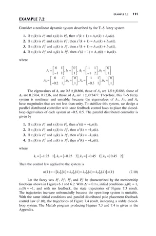 EXAMPLE 7.2 111
EXAMPLE 7.2
Consider a nonlinear dynamic system described by the T–S fuzzy system
1. If x1(k) is P1
1
and x2(k) is P2
1
, then x1
(k + 1) = A1x(k) + b1u(k).
2. If x1(k) is P1
1
and x2(k) is P2
2
, then x2
(k + 1) = A2 x(k) + b2u(k).
3. If x1(k) is P1
2
and x2(k) is P2
1
, then x3
(k + 1) = A3 x(k) + b3u(k).
4. If x1(k) is P1
2
and x2(k) is P2
2
, then x4
(k + 1) = A4x(k) + b4u(k).
where
A b A b
1 1 2 2
0 1
1 1
0
1
1 1
1 2
0
1
=
−
⎡
⎣
⎢
⎤
⎦
⎥ =
⎡
⎣
⎢
⎤
⎦
⎥ =
−
⎡
⎣
⎢
⎤
⎦
⎥ =
⎡
⎣
⎢
⎤
⎦
⎥
, , ,
A b A b
3 3 4 4
0 1
0 2 1
0
1
1 1
0 3 1
0
1
=
−
⎡
⎣
⎢
⎤
⎦
⎥ =
⎡
⎣
⎢
⎤
⎦
⎥ =
−
⎡
⎣
⎢
⎤
⎦
⎥ =
⎡
⎣
⎢
⎤
⎦
⎥
.
, ,
.
,
The eigenvalues of A1 are 0.5 ± j0.866, those of A2 are 1.5 ± j0.866, those of
A3 are 0.2764, 0.7236, and those of A4 are 1 ± j0.5477. Therefore, this T–S fuzzy
system is nonlinear and unstable, because the eigenvalues of A1, A2, and A4
have magnitudes that are not less than unity. To stabilize this system, we design a
parallel distributed controller with state feedback control laws to place the closed-
loop eigenvalues of each system at −0.5, 0.5. The parallel distributed controller is
given by
1. If x1(k) is P1
1
and x2(k) is P2
1
, then u1
(k) = −k1x(k).
2. If x1(k) is P1
1
and x2(k) is P2
2
, then u2
(k) = −k2x(k).
3. If x1(k) is P1
2
and x2(k) is P2
1
, then u3
(k) = −k3x(k).
4. If x1(k) is P1
2
and x2(k) is P2
2
, then u4
(k) = −k4x(k).
where
k k k k
1 2 3 4
1 25 1 0 25 3 0 45 1 0 45 2
= −
[ ] = −
[ ] = −
[ ] = [ ]
. , . , . , .
Then the control law applied to the system is
u k k k k k k k k k x k
( ) = − ( )+ ( )+ ( )+ ( )
[ ] ( )
1 1 2 2 3 3 4 4
ξ ξ ξ ξ (7.10)
Let the fuzzy sets P1
1
, P1
2
, P2
1
, and P2
2
be characterized by the membership
functions shown in Figures 6.1 and 6.2. With Δt = 0.1s, initial conditions x1(0) = 1,
x2(0) = −1, and with no feedback, the state trajectories of Figure 7.3 result.
The trajectories increase unboundedly because the open-loop system is unstable.
With the same initial conditions and parallel distributed pole placement feedback
control law (7.10), the trajectories of Figure 7.4 result, indicating a stable closed-
loop system. The Matlab program producing Figures 7.3 and 7.4 is given in the
Appendix.
 