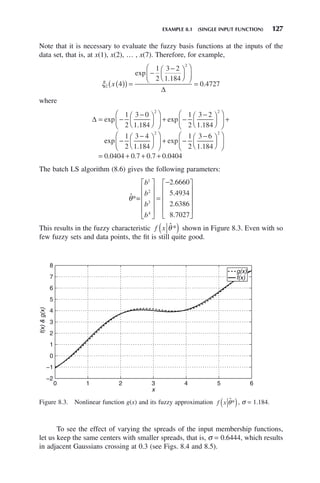 EXAMPLE 8.1 (SINGLE INPUT FUNCTION) 127
Note that it is necessary to evaluate the fuzzy basis functions at the inputs of the
data set, that is, at x(1), x(2), … , x(7). Therefore, for example,
ξ2
2
4
1
2
3 2
1 184
0 4727
x( )
( ) =
−
−
⎛
⎝
⎜
⎞
⎠
⎟
⎛
⎝
⎜
⎞
⎠
⎟
=
exp
.
.
Δ
where
Δ = −
−
⎛
⎝
⎜
⎞
⎠
⎟
⎛
⎝
⎜
⎞
⎠
⎟ + −
−
⎛
⎝
⎜
⎞
⎠
⎟
⎛
⎝
⎜
⎞
⎠
⎟ +
exp
.
exp
.
1
2
3 0
1 184
1
2
3 2
1 184
2 2
e
exp
.
exp
.
−
−
⎛
⎝
⎜
⎞
⎠
⎟
⎛
⎝
⎜
⎞
⎠
⎟ + −
−
⎛
⎝
⎜
⎞
⎠
⎟
⎛
⎝
⎜
⎞
⎠
⎟
=
1
2
3 4
1 184
1
2
3 6
1 184
0
2 2
.
. . . .
0404 0 7 0 7 0 0404
+ + +
The batch LS algorithm (8.6) gives the following parameters:
ˆ
.
.
.
.
θ*=
b
b
b
b
1
2
3
4
2 6660
5 4934
2 6386
8 7027
⎡
⎣
⎢
⎢
⎢
⎢
⎤
⎦
⎥
⎥
⎥
⎥
=
−
⎡
⎣
⎢
⎢
⎢
⎢
⎤
⎦
⎥
⎥
⎥
⎥
⎥
This results in the fuzzy characteristic f x θ̂*
( ) shown in Figure 8.3. Even with so
few fuzzy sets and data points, the fit is still quite good.
Figure 8.3. Nonlinear function g(x) and its fuzzy approximation f x θ̂*
( ), σ = 1.184.
0 1 2 3 4 5 6
−2
−1
0
1
2
3
4
5
6
7
8
x
f(x)

g(x)
g(x)
f(x)
To see the effect of varying the spreads of the input membership functions,
let us keep the same centers with smaller spreads, that is, σ = 0.6444, which results
in adjacent Gaussians crossing at 0.3 (see Figs. 8.4 and 8.5).
 