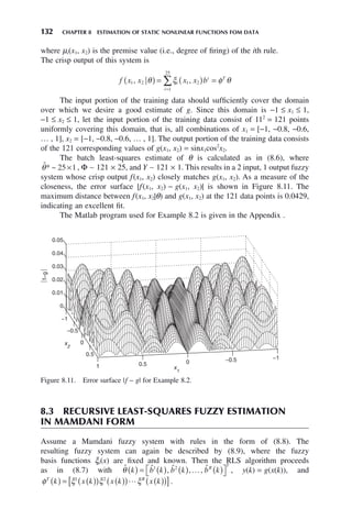 132 CHAPTER 8 ESTIMATION OF STATIC NONLINEAR FUNCTIONS FOM DATA
where μi(x1, x2) is the premise value (i.e., degree of firing) of the ith rule.
The crisp output of this system is
f x x x x b
i
i
i
T
1 2 1 2
1
25
, ,
θ ξ φ θ
( ) = ( ) =
=
∑
The input portion of the training data should sufficiently cover the domain
over which we desire a good estimate of g. Since this domain is −1 ≤ x1 ≤ 1,
−1 ≤ x2 ≤ 1, let the input portion of the training data consist of 112
= 121 points
uniformly covering this domain, that is, all combinations of x1 = [−1, −0.8, −0.6,
… , 1], x2 = [−1, −0.8, −0.6, … , 1]. The output portion of the training data consists
of the 121 corresponding values of g(x1, x2) = sinx1cos2
x2.
The batch least-squares estimate of θ is calculated as in (8.6), where
ˆ ~
θ* 25 1
× , Φ ∼ 121 × 25, and Y ∼ 121 × 1. This results in a 2 input, 1 output fuzzy
system whose crisp output f(x1, x2) closely matches g(x1, x2). As a measure of the
closeness, the error surface |f(x1, x2) − g(x1, x2)| is shown in Figure 8.11. The
maximum distance between f(x1, x2|θ) and g(x1, x2) at the 121 data points is 0.0429,
indicating an excellent fit.
The Matlab program used for Example 8.2 is given in the Appendix .
Figure 8.11. Error surface |f − g| for Example 8.2.
−1
−0.5
0
0.5
1
−1
−0.5
0
0.5
1
0
0.01
0.02
0.03
0.04
0.05
x1
x
2
⏐f−g⏐
8.3 RECURSIVE LEAST-SQUARES FUZZY ESTIMATION
IN MAMDANI FORM
Assume a Mamdani fuzzy system with rules in the form of (8.8). The
resulting fuzzy system can again be described by (8.9), where the fuzzy
basis functions ξi(x) are fixed and known. Then the RLS algorithm proceeds
as in (8.7) with ˆ ˆ , ˆ , , ˆ
θ k b k b k b k
R
T
( ) = ( ) ( ) ( )
⎡
⎣ ⎤
⎦
1 2
… , y(k) = g(x(k)), and
φ ξ ξ ξ
T R
k x k x k x k
( ) = ( )
( ) ( )
( ) ( )
( )
[ ]
1 2
 .
 