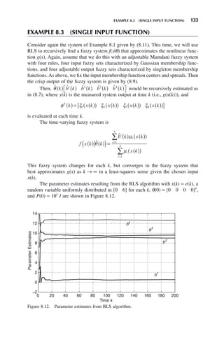 EXAMPLE 8.3 (SINGLE INPUT FUNCTION) 133
EXAMPLE 8.3 (SINGLE INPUT FUNCTION)
Consider again the system of Example 8.1 given by (8.11). This time, we will use
RLS to recursively find a fuzzy system f(x|θ) that approximates the nonlinear func-
tion g(x). Again, assume that we do this with an adjustable Mamdani fuzzy system
with four rules, four input fuzzy sets characterized by Gaussian membership func-
tions, and four adjustable output fuzzy sets characterized by singleton membership
functions. As above, we fix the input membership function centers and spreads. Then
the crisp output of the fuzzy system is given by (8.9).
Then, ˆ ˆ ˆ ˆ ˆ
θ k b k b k b k b k
( ) ( ) ( ) ( ) ( )
⎡
⎣ ⎤
⎦
1 2 3 4
would be recursively estimated as
in (8.7), where y(k) is the measured system output at time k (i.e., g(x(k))), and
φ ξ ξ ξ ξ
T
k x k x k x k x k
( ) = ( )
( ) ( )
( ) ( )
( ) ( )
( )
[ ]
1 2 3 4
is evaluated at each time k.
The time-varying fuzzy system is
f x k k
b k x k
x k
i
i
i
i
i
( ) ( )
( )=
( ) ( )
( )
( )
( )
=
=
∑
∑
ˆ
ˆ
θ
μ
μ
1
4
1
4
This fuzzy system changes for each k, but converges to the fuzzy system that
best approximates g(x) as k → ∞ in a least-squares sense given the chosen input
x(k).
The parameter estimates resulting from the RLS algorithm with x(k) = e(k), a
random variable uniformly distributed in [0 6] for each k, θ(0) = [0 0 0 0]T
,
and P(0) = 105
I are shown in Figure 8.12.
Figure 8.12. Parameter estimates from RLS algorithm.
0 20 40 60 80 100 120 140 160 180 200
−2
0
2
4
6
8
10
12
14
Time k
Parameter
Estimates
b1
b3
b2
b4
 