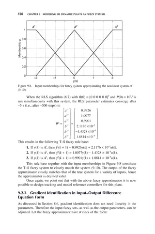 160 CHAPTER 9 MODELING OF DYNAMIC PLANTS AS FUZZY SYSTEMS
When the RLS algorithm (8.7) with θ(0) = [0 0 0 0 0 0]T
and P(0) = 105
I is
run simultaneously with this system, the RLS parameter estimates converge after
∼5 s (i.e., after ∼500 steps) to
θ*
*
*
*
*
*
*
=
⎡
⎣
⎢
⎢
⎢
⎢
⎢
⎢
⎢
⎤
⎦
⎥
⎥
⎥
⎥
⎥
⎥
⎥
=
a
a
a
b
b
b
1
2
3
1
2
3
0 9926
1 0077
0 9901
.
.
.
2
2 1176 10
1 4328 10
1 8814 10
5
5
5
.
.
.
×
− ×
×
⎡
⎣
⎢
⎢
⎢
⎢
⎢
⎢
⎢
⎤
⎦
⎥
⎥
⎥
⎥
⎥
⎥
⎥
−
−
−
This results in the following T–S fuzzy rule base:
1. If y(k) is Al
, then ŷ1
(k + 1) = 0.9926y(k) + 2.1176 × 10−5
u(k).
2. If y(k) is A2
, then ŷ2
(k + 1) = 1.0077y(k) − 1.4328 × 10−5
u(k).
3. If y(k) is A3
, then ŷ3
(k + 1) = 0.9901y(k) + 1.8814 × 10−5
u(k).
This rule base together with the input memberships in Figure 9.8 constitute
the T–S fuzzy system to closely match the system (9.10). The output of the fuzzy
approximator closely matches that of the true system for a variety of inputs, hence
the approximator is deemed valid.
Once again, we point out that with the above fuzzy approximation it is now
possible to design tracking and model reference controllers for this plant.
9.2.3 Gradient Identification in Input–Output Difference
Equation Form
As discussed in Section 8.6, gradient identification does not need linearity in the
parameters. Therefore the input fuzzy sets, as well as the output parameters, can be
adjusted. Let the fuzzy approximator have R rules of the form:
Figure 9.8. Input memberships for fuzzy system approximating the nonlinear system of
(9.10).
−2 −1 0 1 2
0
0.2
0.4
0.6
0.8
1
y(k)
Membership
μ
A1
A2
A3
 