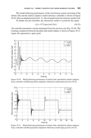 EXAMPLE 10.5 INDIRECT ADAPTIVE FUZZY MODEL REFERENCE CONTROL 183
Figure 10.10. Model following performance of robotic link controlled by indirect adaptive
fuzzy controller with RLS parameter adaptation. Reference model input given by (10.22).
0 1 2 3 4 5 6 7 8 9 10
−4
−3
−2
−1
0
1
2
3
4
5
6
Time (s)
Plant
and
model
outputs
(rad)
ym
(t)
ψ(t)
Figure 10.11. Model following performance of robotic link controlled by indirect adaptive
fuzzy controller with RLS parameter adaptation. Reference model input given by (10.23).
0 2 4 6 8 10 12 14 16 18 20
−2
−1.5
−1
−0.5
0
0.5
1
1.5
2
2.5
Time (s)
Plant
and
model
outputs
(rad)
ym
(t)
ψ(t)
The model following performance of the closed-loop system consisting of the
robotic link and the indirect adaptive model reference controller is shown in Figure
10.10.After an adaptation period of ∼2s, the rod angle tracks the reference model well.
To further test the controller, the refererence model is excited by the signal
r t t
( ) = ( )
0 75 0 2
. sin .
sign π (10.23)
All controller parameters remain unchanged from the previous run (Fig. 10.10). The
resulting comparison between the plant and model outputs is shown in Figure 10.11.
Again, the agreement is quite good.
 