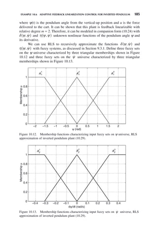 EXAMPLE 10.6 ADAPTIVE FEEDBACK LINEARIZATION CONTROL FOR INVERTED PENDULUM 185
where ψ(t) is the pendulum angle from the vertical-up position and u is the force
delivered to the cart. It can be shown that this plant is feedback linearizable with
relative degree m = 2. Therefore, it can be modeled in companion form (10.24) with
δ ψ ψ
, 
( ) and η ψ ψ
, 
( ) unknown nonlinear functions of the pendulum angle ψ and
its derivative.
We can use RLS to recursively approximate the functions δ ψ ψ
, 
( ) and
η ψ ψ
, 
( ) with fuzzy systems, as discussed in Section 9.3.1. Define three fuzzy sets
on the ψ universe characterized by three triangular memberships shown in Figure
10.12 and three fuzzy sets on the 
ψ universe characterized by three triangular
memberships shown in Figure 10.13.
Figure 10.12. Membership functions characterizing input fuzzy sets on ψ universe, RLS
approximation of inverted pendulum plant (10.29).
−2 −1.5 −1 −0.5 0 0.5 1 1.5 2
0
0.2
0.4
0.6
0.8
1
ψ (rad)
Membership
μ
A1
1
A1
2
A1
3
Figure 10.13. Membership functions characterizing input fuzzy sets on 
ψ universe, RLS
approximation of inverted pendulum plant (10.29).
−0.4 −0.3 −0.2 −0.1 0 0.1 0.2 0.3 0.4
0
0.2
0.4
0.6
0.8
1
dψ/dt (rad/s)
Membership
μ
A2
1
A2
2
A2
3
 
