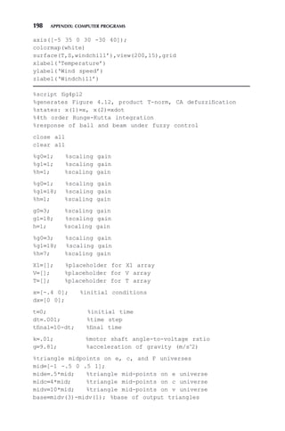 198 APPENDIX: COMPUTER PROGRAMS
axis([-5 35 0 30 -30 40]);
colormap(white)
surface(T,S,windchill’),view(200,15),grid
xlabel(‘Temperature’)
ylabel(‘Wind speed’)
zlabel(‘Windchill’)
%script fig4p12
%generates Figure 4.12, product T-norm, CA defuzzification
%states: x(1)=x, x(2)=xdot
%4th order Runge-Kutta integration
%response of ball and beam under fuzzy control
close all
clear all
%g0=1; %scaling gain
%g1=1; %scaling gain
%h=1; %scaling gain
%g0=1; %scaling gain
%g1=18; %scaling gain
%h=1; %scaling gain
g0=3; %scaling gain
g1=18; %scaling gain
h=1; %scaling gain
%g0=3; %scaling gain
%g1=18; %scaling gain
%h=7; %scaling gain
X1=[]; %placeholder for X1 array
V=[]; %placeholder for V array
T=[]; %placeholder for T array
x=[-.4 0]; %initial conditions
dx=[0 0];
t=0; %initial time
dt=.001; %time step
tfinal=10-dt; %final time
k=.01; %motor shaft angle-to-voltage ratio
g=9.81; %acceleration of gravity (m/s∧
2)
%triangle midpoints on e, c, and F universes
mid=[-1 -.5 0 .5 1];
mide=.5*mid; %triangle mid-points on e universe
midc=4*mid; %triangle mid-points on c universe
midv=10*mid; %triangle mid-points on v universe
base=midv(3)-midv(1); %base of output triangles
 