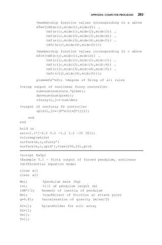 APPENDIX: COMPUTER PROGRAMS 203
%membership function values corresponding to e above
mfe=[tmfl(e(i),mide(1),mide(2)) …
tmf(e(i),mide(1),mide(2),mide(3)) …
tmf(e(i),mide(2),mide(3),mide(4)) …
tmf(e(i),mide(3),mide(4),mide(5)) …
tmfr(e(i),mide(4),mide(5))];
%membership function values corresponding to c above
mfc=[tmfl(c(j),midc(1),midc(2)) …
tmf(c(j),midc(1),midc(2),midc(3)) …
tmf(c(j),midc(2),midc(3),midc(4)) …
tmf(c(j),midc(3),midc(4),midc(5)) …
tmfr(c(j),midc(4),midc(5))];
prem=mfe′*mfc; %degree of firing of all rules
%crisp output of nonlinear fuzzy controller
num=sum(sum(rule.*prem));
den=sum(sum(prem));
ufuzzy(i,j)=-num/den;
%output of nonfuzzy PD controller
upid(i,j)=-(P*e(i)+D*c(j));
end
end
hold on
axis(1.1*[-0.2 0.2 -1.2 1.2 -30 30]);
colormap(white)
surface(e,c,ufuzzy’)
surface(e,c,upid’),view(200,10),grid
%script Ex5p1
%Example 5.1 - Plots output of forced pendulum, nonlinear
%differential equation model
close all
clear all
M=1; %pendulum mass (kg)
l=1; %1/2 of pendulum length (m)
I=M*l∧
2; %moment of inertia of pendulum
B=1; %coefficient of friction at attach point
g=9.81; %acceleration of gravity (m/sec∧
2)
X1=[]; %placeholder for x(1) array
X2=[];
U=[];
T=[];
 