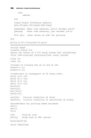 206 APPENDIX: COMPUTER PROGRAMS
else
ukm2=0;
end
%input-output difference equation
yk=1.99*ykm1-.991*ykm2+.0001*ukm2;
ykm2=ykm1; %when time advances, y(k-1) becomes y(k-2)
ykm1=yk; %when time advances, y(k) becomes y(k-1)
Y=[Y yk]; %save values of y(k) for plotting
end
plot(t,Y,‘k’,‘linewidth’,3),grid
%script fig6p6
%creates Figure 6.6
%plots the states of a T-S fuzzy system that interpolates
%four time-invariant continuous-time linear systems
close all
clear all
%corners of triangle mfs on x1 and x2 uds
midx1=[-1 1];
midx2=[-2 2];
%coefficients in consequents of TS fuzzy rules
A1=[0 1;-2 -2];
A2=[0 1;-1 -2];
A3=[0 1;-3 -2];
A4=[1 1;-2 -2];
b1=[0;2];
b2=[2;2];
b3=[-2;2];
b4=[0;-2];
x=[0;0]; %initial conditions of state
dx=[0;0]; %initial conditions of derivatives of states
%placeholders for plotting saved variables
X1=[];
X2=[];
T=[];
t=0; %initial time
dt=.01; %step size of RK4 routine
finaltime=10-dt;
while tfinaltime
 
