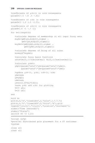 210 APPENDIX: COMPUTER PROGRAMS
%coefficients of y(k-1) in rule consequents
param2=[-.5 -.8 .5 -.6];
%coefficients of u(k) in rule consequents
param3=[1 1.2 1.5 -1.5];
%coefficients of u(k-1) in rule consequents
param4=[.6 -1 -.7 1];
for k=1:length(t)
%calculate degrees of membership in all input fuzzy sets
muyk=[gmfl(yk,midy(1),sigma) …
gmfr(yk,midy(2),sigma)];
muykm1=[gmfl(ykm1,midy(1),sigma) …
gmfr(ykm1,midy(2),sigma)];
%calculate degrees of firing of all rules
mu=muyk′*muykm1;
%calculate fuzzy basis functions
zeta=[mu(1,:)/sum(sum(mu)) mu(2,:)/sum(sum(mu))];
%calculate y(k+1)
ykp1=(param1*zeta’)*yk+(param2*zeta’)*ykm1+…
(param3*zeta’)*uk+(param4*zeta’)*ukm1;
%update y(k-1), y(k), u(k-1), u(k)
ykm1=yk;
yk=ykp1;
ukm1=uk;
uk=sin(.05*pi*t(k));
%save y(k) and u(k) for plotting
Y=[Y yk];
U=[U uk];
end
hold on
plot(t,U,’s’,‘linewidth’,2,‘color’,[.7.7.7])
plot(t,Y,‘o’,‘linewidth’,2,‘color’,‘k’),grid
legend(‘itu(t)’,‘ity(t)’,‘Location’,’Southwest’);
xlabel(‘Time (seconds)’)
ylabel(‘States’)
axis([0 60 -2 1.2])
%script ex7p1
%parallel distributed pole placement for a CT nonlinear
%system
close all
clear all
 