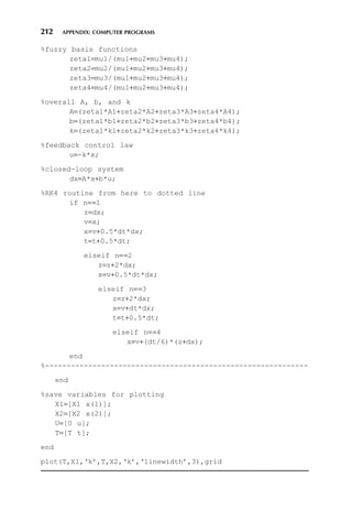 212 APPENDIX: COMPUTER PROGRAMS
%fuzzy basis functions
zeta1=mu1/(mu1+mu2+mu3+mu4);
zeta2=mu2/(mu1+mu2+mu3+mu4);
zeta3=mu3/(mu1+mu2+mu3+mu4);
zeta4=mu4/(mu1+mu2+mu3+mu4);
%overall A, b, and k
A=(zeta1*A1+zeta2*A2+zeta3*A3+zeta4*A4);
b=(zeta1*b1+zeta2*b2+zeta3*b3+zeta4*b4);
k=(zeta1*k1+zeta2*k2+zeta3*k3+zeta4*k4);
%feedback control law
u=-k*x;
%closed-loop system
dx=A*x+b*u;
%RK4 routine from here to dotted line
if n==1
z=dx;
v=x;
x=v+0.5*dt*dx;
t=t+0.5*dt;
elseif n==2
z=z+2*dx;
x=v+0.5*dt*dx;
elseif n==3
z=z+2*dx;
x=v+dt*dx;
t=t+0.5*dt;
elseif n==4
x=v+(dt/6)*(z+dx);
end
%-------------------------------------------------------------
end
%save variables for plotting
X1=[X1 x(1)];
X2=[X2 x(2)];
U=[U u];
T=[T t];
end
plot(T,X1,‘k’,T,X2,‘k’,‘linewidth’,3),grid
 