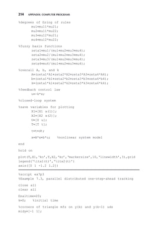 214 APPENDIX: COMPUTER PROGRAMS
%degrees of firing of rules
mu1=mu11*mu21;
mu2=mu11*mu22;
mu3=mu12*mu21;
mu4=mu12*mu22;
%fuzzy basis functions
zeta1=mu1/(mu1+mu2+mu3+mu4);
zeta2=mu2/(mu1+mu2+mu3+mu4);
zeta3=mu3/(mu1+mu2+mu3+mu4);
zeta4=mu4/(mu1+mu2+mu3+mu4);
%overall A, b, and k
A=(zeta1*A1+zeta2*A2+zeta3*A3+zeta4*A4);
b=(zeta1*b1+zeta2*b2+zeta3*b3+zeta4*b4);
k=(zeta1*k1+zeta2*k2+zeta3*k3+zeta4*k4);
%feedback control law
u=-k*x;
%closed-loop system
%save variables for plotting
X1=[X1 x(1)];
X2=[X2 x(2)];
U=[U u];
T=[T t];
t=t+dt;
x=A*x+b*u; %nonlinear system model
end
hold on
plot(T,X1,‘ko’,T,X2,‘ko’,‘markersize’,10,‘linewidth’,3),grid
legend(‘itx1(t)’,‘itx2(t)’)
axis([0 1 -1.2 1.2])
%script ex7p3
%Example 7.3, parallel distributed one-step-ahead tracking
close all
clear all
finaltime=20;
k=0; %initial time
%corners of triangle mfs on y(k) and y(k-1) uds
midy=[-1 1];
 