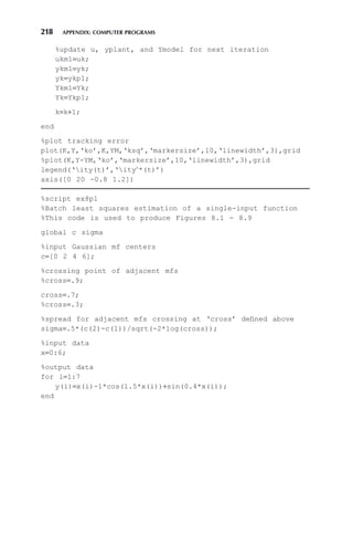 218 APPENDIX: COMPUTER PROGRAMS
%update u, yplant, and Ymodel for next iteration
ukm1=uk;
ykm1=yk;
yk=ykp1;
Ykm1=Yk;
Yk=Ykp1;
k=k+1;
end
%plot tracking error
plot(K,Y,‘ko’,K,YM,‘ksq’,‘markersize’,10,‘linewidth’,3),grid
%plot(K,Y-YM,‘ko’,‘markersize’,10,‘linewidth’,3),grid
legend(‘ity(t)’,‘ity∧
*(t)’)
axis([0 20 -0.8 1.2])
%script ex8p1
%Batch least squares estimation of a single-input function
%This code is used to produce Figures 8.1 - 8.9
global c sigma
%input Gaussian mf centers
c=[0 2 4 6];
%crossing point of adjacent mfs
%cross=.9;
cross=.7;
%cross=.3;
%spread for adjacent mfs crossing at ‘cross’ defined above
sigma=.5*(c(2)-c(1))/sqrt(-2*log(cross));
%input data
x=0:6;
%output data
for i=1:7
y(i)=x(i)-1*cos(1.5*x(i))+sin(0.4*x(i));
end
 