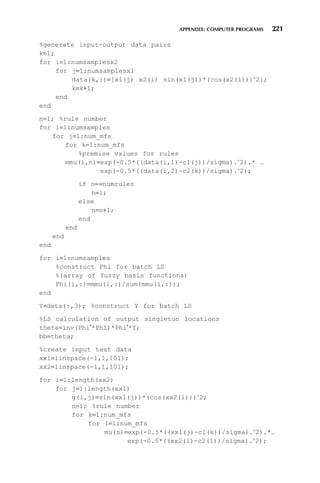 APPENDIX: COMPUTER PROGRAMS 221
%generate input-output data pairs
k=1;
for i=1:numsamplesx2
for j=1:numsamplesx1
data(k,:)=[x1(j) x2(i) sin(x1(j))*(cos(x2(i)))∧
2];
k=k+1;
end
end
n=1; %rule number
for i=1:numsamples
for j=1:num_mfs
for k=1:num_mfs
%premise values for rules
mmu(i,n)=exp(-0.5*((data(i,1)-c1(j))/sigma).∧
2).* …
exp(-0.5*((data(i,2)-c2(k))/sigma).∧
2);
if n==numrules
n=1;
else
n=n+1;
end
end
end
end
for i=1:numsamples
%construct Phi for batch LS
%(array of fuzzy basis functions)
Phi(i,:)=mmu(i,:)/sum(mmu(i,:));
end
Y=data(:,3); %construct Y for batch LS
%LS calculation of output singleton locations
theta=inv(Phi′*Phi)*Phi′*Y;
bb=theta;
%create input test data
xx1=linspace(-1,1,101);
xx2=linspace(-1,1,101);
for i=1:length(xx2)
for j=1:length(xx1)
g(i,j)=sin(xx1(j))*(cos(xx2(i)))∧
2;
n=1; %rule number
for k=1:num_mfs
for l=1:num_mfs
mu(n)=exp(-0.5*((xx1(j)-c1(k))/sigma).∧
2).*…
exp(-0.5*((xx2(i)-c2(l))/sigma).∧
2);
 