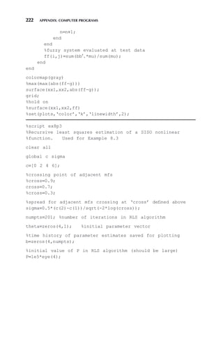 222 APPENDIX: COMPUTER PROGRAMS
n=n+1;
end
end
%fuzzy system evaluated at test data
ff(i,j)=sum(bb′.*mu)/sum(mu);
end
end
colormap(gray)
%max(max(abs(ff-g)))
surface(xx1,xx2,abs(ff-g));
grid;
%hold on
%surface(xx1,xx2,ff)
%set(plots,‘color’,‘k’,‘linewidth’,2);
%script ex8p3
%Recursive least squares estimation of a SISO nonlinear
%function. Used for Example 8.3
clear all
global c sigma
c=[0 2 4 6];
%crossing point of adjacent mfs
%cross=0.9;
cross=0.7;
%cross=0.3;
%spread for adjacent mfs crossing at ‘cross’ defined above
sigma=0.5*(c(2)-c(1))/sqrt(-2*log(cross));
numpts=201; %number of iterations in RLS algorithm
theta=zeros(4,1); %initial parameter vector
%time history of parameter estimates saved for plotting
b=zeros(4,numpts);
%initial value of P in RLS algorithm (should be large)
P=1e5*eye(4);
 