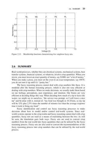 2.6 SUMMARY 23
2.6 SUMMARY
Real-world processes, whether they are electrical systems, mechanical systems, heat
transfer systems, financial systems, or whatever, involve crisp quantities. When you
invest, you must invest an exact quantity of money, say $1000, not “a lot of money.”
When you make a pizza, you must set the oven to an exact temperature, say 450°F,
you do not turn it up until it’s “pretty hot.”
The fuzzy reasoning process cannot deal with crisp numbers like these. It is
modeled after the human reasoning process, which is also not very efficient at
dealing with crisp numbers. When we make decisions, we usually make them based
on our feelings, perceptions, past experience, and intuition. Our brains are very
efficient at deciding things this way. When deciding how much of a tip to leave the
waiter, we might say to ourselves, “the service was prompt, so I will leave a nice
tip” and be done with it, instead of, “my food was brought in 10.25min, so my tip
will be 15% plus 2.5% times the number of minutes less than the average response
time it took to bring my food.”
Fuzzy identification and control use fuzzy reasoning processes to make
decisions about how to model and/or control real-world systems. Since real-
world systems operate in the crisp realm and fuzzy reasoning cannot deal with crisp
quantities, fuzzy sets are used as a means of translating between the two. As will
be seen, the translation goes both ways. Fuzzy sets are used to convert crisp
numbers from the real world into fuzzy quantities that can be utilized by the fuzzy
reasoning process. Fuzzy sets are also used to convert the recommendations of the
fuzzy reasoning process into crisp numbers that can be utilized by the real-world
process.
Figure 2.13. Membership functions characterizing five singleton fuzzy sets.
−1.5 −1 −0.5 0 0.5 1 1.5
0
0.2
0.4
0.6
0.8
1
Voltage (V)
Membership
μ
NL NS Z PS PL
 