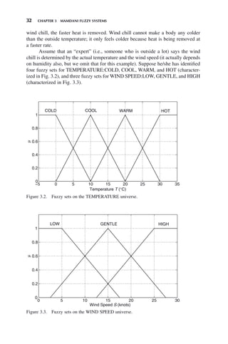 32 CHAPTER 3 MAMDANI FUZZY SYSTEMS
Figure 3.2. Fuzzy sets on the TEMPERATURE universe.
−5 0 5 10 15 20 25 30 35
0
0.2
0.4
0.6
0.8
1
Temperature T (°C)
μ
COLD COOL WARM HOT
Figure 3.3. Fuzzy sets on the WIND SPEED universe.
0 5 10 15 20 25 30
0
0.2
0.4
0.6
0.8
1
Wind Speed S (knots)
μ
LOW GENTLE HIGH
wind chill, the faster heat is removed. Wind chill cannot make a body any colder
than the outside temperature; it only feels colder because heat is being removed at
a faster rate.
Assume that an “expert” (i.e., someone who is outside a lot) says the wind
chill is determined by the actual temperature and the wind speed (it actually depends
on humidity also, but we omit that for this example). Suppose he/she has identified
four fuzzy sets for TEMPERATURE:COLD, COOL, WARM, and HOT (character-
ized in Fig. 3.2), and three fuzzy sets for WIND SPEED:LOW, GENTLE, and HIGH
(characterized in Fig. 3.3).
 