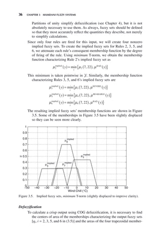 36 CHAPTER 3 MAMDANI FUZZY SYSTEMS
Partitions of unity simplify defuzzification (see Chapter 4), but it is not
absolutely necessary to use them. As always, fuzzy sets should be defined
so that they most accurately reflect the quantities they describe, not merely
to simplify calculations.
Since only four rules are fired for this input, we will create four nonzero
implied fuzzy sets. To create the implied fuzzy sets for Rules 2, 3, 5, and
6, we attenuate each rule’s consequent membership function by the degree
of firing of the rule. Using minimum T-norm, we obtain the membership
function characterizing Rule 2’s implied fuzzy set as
μ μ μ
2 2 7 22
implied BAD
y y
y
( ) = ( ) ( )
{ }
min , ,
This minimum is taken pointwise in Y. Similarly, the membership function
characterizing Rules 3, 5, and 6’s implied fuzzy sets are
μ μ μ
3 3 7 22
implied SEVERE
y y
y
( ) = ( ) ( )
{ }
min , ,
μ μ μ
5 4 7 22
implied BEARABLE
y y
y
( ) = ( ) ( )
{ }
min , ,
μ μ μ
6 6 7 22
implied BAD
y y
y
( ) = ( ) ( )
{ }
min , ,
The resulting implied fuzzy sets’ membership functions are shown in Figure
3.5. Some of the memberships in Figure 3.5 have been slightly displaced
so they can be seen more clearly.
Figure 3.5. Implied fuzzy sets, minimum T-norm (slightly displaced to improve clarity).
−50 −40 −30 −20 −10 0 10 20 30 40 50
0
0.1
0.2
0.3
0.4
0.5
0.6
0.7
0.8
0.9
1
Wind Chill (°C)
μ
μ2
implied
μ6
implied
μ5
implied
μ3
implied
Defuzzification
To calculate a crisp output using COG defuzzification, it is necessary to find
the centers of area of the memberships characterizing the output fuzzy sets
[qi, i = 2, 3, 5, and 6 in (3.5)] and the areas of the four trapezoidal member-
 