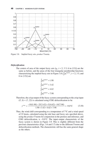 40 CHAPTER 3 MAMDANI FUZZY SYSTEMS
Defuzzification
The centers of area of the output fuzzy sets [qi, i = 2, 3 5, 6 in (3.5)] are the
same as before, and the areas of the four triangular membership functions
characterizing the implied fuzzy sets in Figure 3.8 [ μi
implied
∫ , i = 2, 3 5, and
6 in (3.5)] are
μ2 1 98
implied
∫ = .
μ3 3 42
implied
∫ = .
μ5 4 62
implied
∫ = .
μ6 7 98
implied
∫ = .
Therefore, the crisp output of the fuzzy system corresponding to the crisp input
(T, S) = (7, 22) is calculated using COG defuzzification to be
ycrisp
=
− ( )− ( )+ ( )− ( )
+ + +
10 1 98 25 3 42 5 4 62 10 7 98
1 98 3 42 4 62 7
. . . .
. . . .
.
98
9 0
= − °C (3.10)
Thus, the wind chill corresponding to a temperature of 7°C and a wind speed
of 22 knots, calculated using the rule base and fuzzy sets specified above,
using the product T-norm for conjunction in the premise and inference, and
COG defuzzification, is −9.0°C. The input–output characteristic of the
fuzzy system is shown in Figure 3.9. This is slightly different from the
previous characteristics (Figs. 3.6 and 3.7) due to the different T-norm and
defuzzification methods. The characteristic still has the same general shape
as the others.
Figure 3.8. Implied fuzzy sets, product T-norm.
−40 −30 −20 −10 0 10 20 30 40 50
0
0.1
0.2
0.3
0.4
0.5
0.6
0.7
0.8
0.9
1
Wind Chill (°C)
μ
μ 3
implied
μ 2
implied
μ 6
implied
μ 5
implied
 