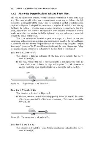 50 CHAPTER 4 FUZZY CONTROL WITH MAMDANI SYSTEMS
4.1.2 Rule Base Determination: Ball and Beam Plant
The rule base consists of 25 rules, one rule for each combination of the e and ė fuzzy
sets. The rules should reflect our common sense about how to balance the ball
motionless at the center of the beam. Thus, for instance, if the ball is in the position
depicted in Figure 4.2, x is positive, therefore e is negative. If the ball is also moving
further to the right, e is growing more negative, therefore ė is negative. In this situ-
ation, it is obvious that v should be negative in order to rotate the beam in a coun-
terclockwise direction to slow the ball’s rightward progress and move it to the left
toward the center of the beam.
This is an example of heuristic expert knowledge; it is based on our past
experience and common sense, not on any mathematical model of the ball and beam.
A complete rule base for the compensator can be constructed by using this “expert
knowledge” in each of the 25 possible combinations of the e and ė fuzzy sets. Below
we address several scenarios to indicate how the rule base is constructed.
Case 1: e is NL and ė is NL
This situation is depicted in Figure 4.6 (the large arrow indicates fast move-
ment to the right).
In this case, because the ball is moving quickly to the right away from the
center of the beam, v should be large and negative (i.e., NL) in order to
quickly rotate the beam counterclockwise to move the ball to the left.
Figure 4.6. The parameter e is NL and ė is NL.
Motor
Figure 4.7. The parameter e is NL and c is PL.
Motor
Case 3: e is Z and ė is NS
This situation is depicted in Figure 4.8 (the small arrow indicates slow move-
ment to the right).
Case 2: e is NL and ė is PL
This situation is depicted in Figure 4.7.
In this case, because the ball is moving quickly to the left toward the center
of the beam, no rotation of the beam is necessary. Therefore, v should be
zero (i.e., Z).
 