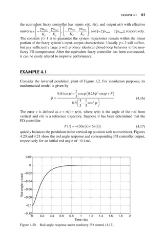 EXAMPLE 4.1 61
the equivalent fuzzy controller has inputs e(t), ė(t), and output u(t) with effective
universes −
⎡
⎣
⎢
⎤
⎦
⎥
γ γ
u
K
u
K
p p
max max
, , −
⎡
⎣
⎢
⎤
⎦
⎥
γ γ
u
K
u
K
d d
max max
, , and [−2γumax 2γumax], respectively.
The constant γ  1 is to guarantee the system trajectories remain within the linear
portion of the fuzzy system’s input–output characteristic. Usually γ = 2 will suffice,
but any sufficiently large γ will produce identical closed-loop behavior to the non-
fuzzy PD compensator. After the equivalent fuzzy controller has been constructed,
it can be easily altered to improve performance.
EXAMPLE 4.1
Consider the inverted pendulum plant of Figure 1.2. For simulation purposes, its
mathematical model is given by


ψ
ψ ψ ψ ψ
ψ
=
− +
( )
−
⎛
⎝
⎜
⎞
⎠
⎟
9 81
2
3
0 25
0 5
4
3
1
3
2
2
. sin cos . sin
. cos
F
(4.16)
The error e is defined as e = r(t) − ψ(t), where ψ(t) is the angle of the rod from
vertical and r(t) is a reference trajectory. Suppose it has been determined that the
PD controller
F t e t e t
( ) = − ( )+ ( )
( )
30 5 (4.17)
quickly balances the pendulum in the vertical-up position with no overshoot. Figures
4.20 and 4.21 show the rod angle response and corresponding PD controller output,
respectively for an initial rod angle of −0.1rad.
Figure 4.20. Rod angle response under nonfuzzy PD control (4.17).
0 0.2 0.4 0.6 0.8 1 1.2 1.4 1.6 1.8 2
−0.12
−0.1
−0.08
−0.06
−0.04
−0.02
0
0.02
Time t (s)
Rod
angle
ψ
(rad)
 