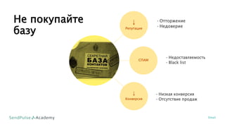 Не покупайте
базу
Email
⇣
Репутация
СПАМ
⇣
Конверсия
•Отторжение
•Недоверие
• Недоставляемость
• Black list
• Низкая конверсия
• Отсутствие продаж
 