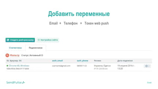 Email
Добавить переменные
Email + Телефон + Токен web push
 