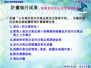 計畫執行成果 - 推動室內空品自主管理制度 依據「公共場所室內空氣品質自主管理手冊」，完整的室內空氣品質維護管理計畫書應包含：   使命 ( 即任務說明 ) 管理人員及空氣品質小組職責與維護良好室內空氣品質之工作責任 建築物背景及室內空氣品質調查結果 室內空氣品質維護政策及規劃 相關作業流程管理 ( 清潔、維護及修繕作業 ) 緊急應變措施 預防步驟 4. 計畫執行成果 