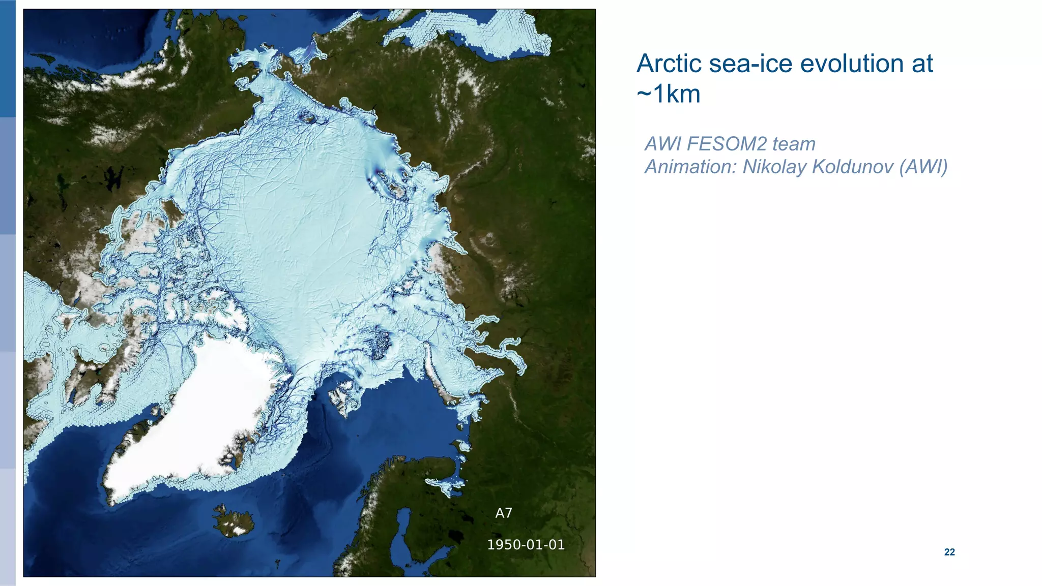 October 29, 2014 22EUROPEAN CENTRE FOR MEDIUM-RANGE WEATHER FORECASTS
AWI FESOM2 team
Animation: Nikolay Koldunov (AWI)
Arctic sea-ice evolution at
~1km
 