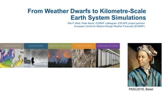 From Weather Dwarfs to Kilometre-Scale
Earth System Simulations
Nils P. Wedi, Peter Bauer, ECMWF colleagues, ESCAPE project partners
European Centre for Medium-Range Weather Forecasts (ECMWF)
PASC2018, Basel
 