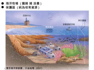 海洋牧場  ( 獵捕    放養 )  保護區  ( 純為培育資源 ) ( 潛浮海洋探家園 ,  大地地理 , 2001) 