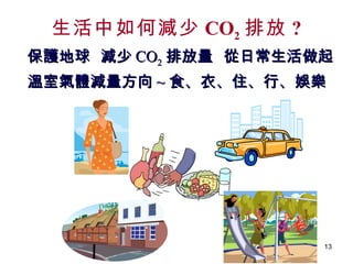 保護地球  減少 CO 2 排放量  從日常生活做起 溫室氣體減量方向 ~ 食、衣、住、行、娛樂 生活中如何減少 CO 2 排放 ? 