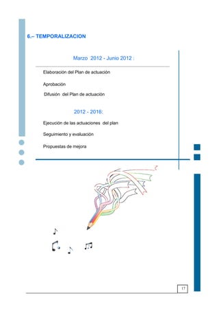 17
6.– TEMPORALIZACION
Elaboración del Plan de actuación
Aprobación
Difusión del Plan de actuación
2012 - 2016:
Ejecución de las actuaciones del plan
Seguimiento y evaluación
Propuestas de mejora
Marzo 2012 - Junio 2012 :
 