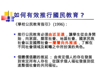 如何有效推行國民教育 ? 《學校公民教育指引》 (1996) :  推行公民教育必須 由近至遠 ，讓學生從自身開始，向家庭、鄰里社會、地區社會、國家民族社會以至國際社會 一層層向外推進 ，了解在不同社會領域及範疇之中所扮演的角色。 個體價值觀的推延  :  由肯定個人的存在發展到肯定所有人存在，從謀求個人福祉發展到促進整個社會的共同福祉。 