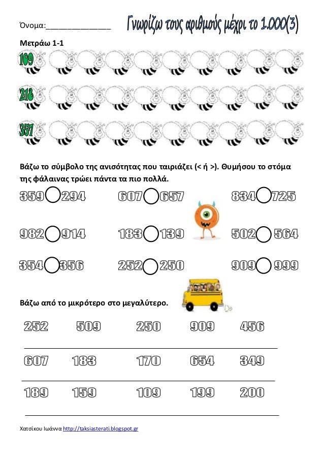 Χατσίκου Ιωάννα http://taksiasterati.blogspot.gr
Όνομα:_______________
Μετράω 1-1
Βάζω το σύμβολο της ανισότητας που ταιρι...