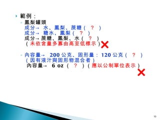範例： 鳳梨罐頭 成分-> 水、鳳梨、蔗糖（  ？  ） 成分-> 糖水、鳳梨（  ？  ） 成分->蔗糖、鳳梨、水（  ？  ） （ 未依含量多寡由高至低標示 ） 內容量->  200 公克、固形量： 120 公克（  ？  ）  （因有液汁與固形物混合者）  內容量->  6 oz （  ？  ）（ 應以公制單位表示 ） ×   ×   