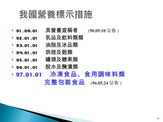 91.09.01 　具營養宣稱者 　  ( 90.09.10 公告 ) 92.01.01 　乳品及飲料類類 93.01.01 　油脂及冰品類 94.01.01 　烘焙及穀類 95.01.01 　罐頭及糖果類 96.01.01 　脫水及醃漬類 97.01.01 　 冷凍食品、食用調味料類 　　　　  完整包裝食品  ( 96.05.24 公告 ) 