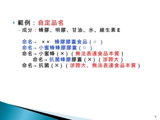 範例： 自定品名 成分：蜂膠、明膠、甘油、水、維生素 E 命名->  ××  蜂膠膠囊食品（○） 命名->小蜜蜂蜂膠膠囊（○） 命名->小蜜蜂（╳）（ 無法表達食品本質 ）  命名-> 抗菌蜂膠 膠囊（╳）（ 涉誇大 ）  命名->抗菌（╳）（ 涉誇大、無法表達食品本質 ） 