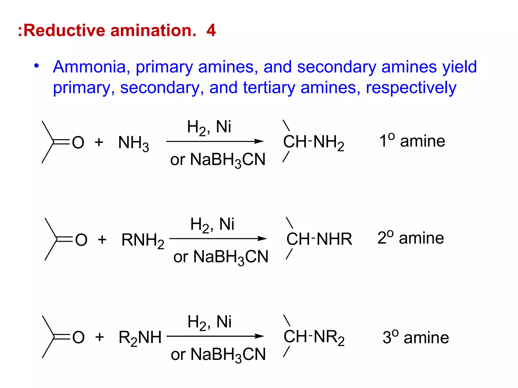 4.Reductive amination:
O
H2, Ni
or NaBH3CN
CH NH2+ NH3
O
H2, Ni
or NaBH3CN
CH NHR+ RNH2
O
H2, Ni
or NaBH3CN
CH NR2+ R2NH
1o
amine
3o
amine
2o amine
• Ammonia, primary amines, and secondary amines yield
primary, secondary, and tertiary amines, respectively
 