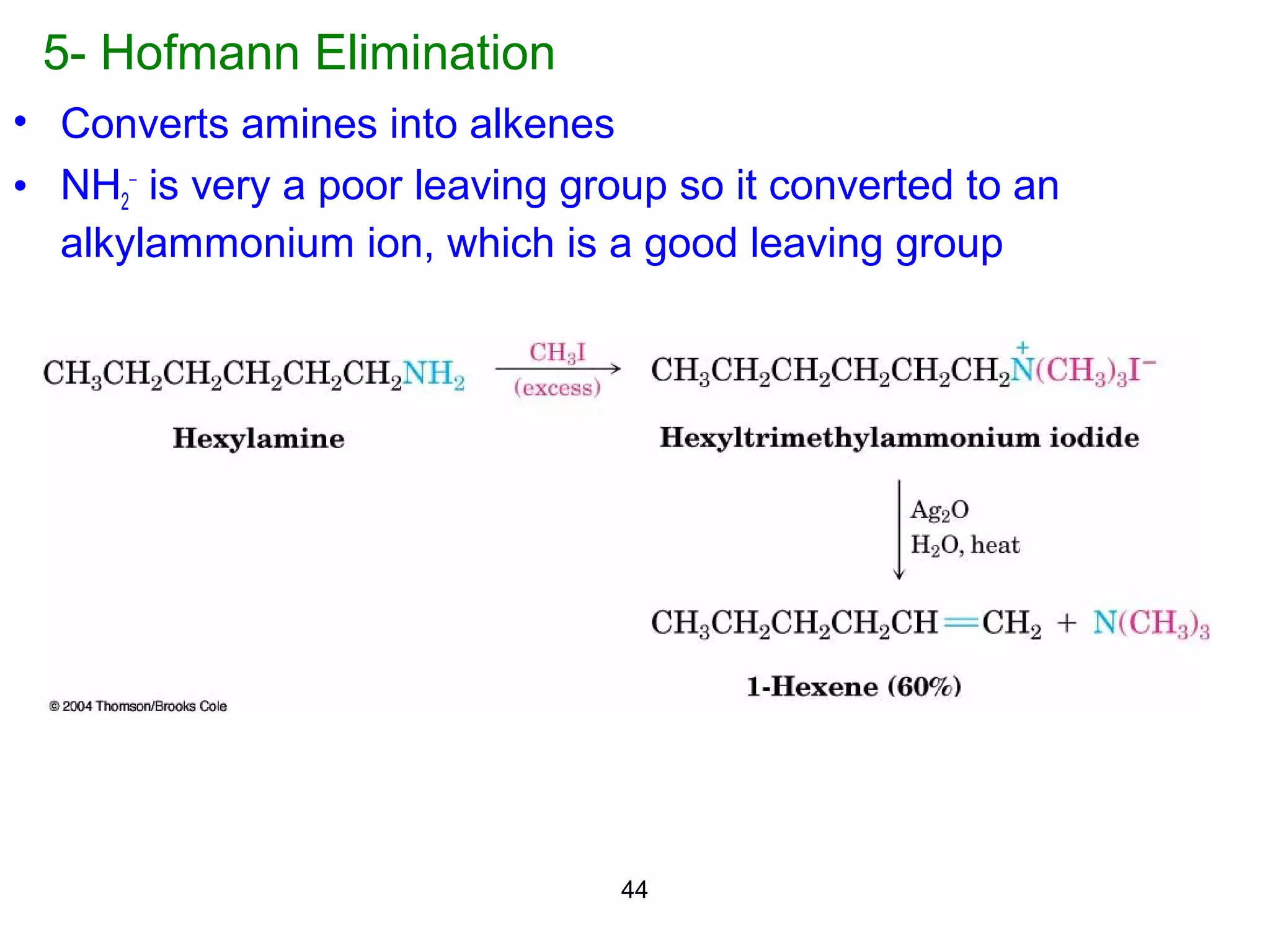 44
5- Hofmann Elimination
• Converts amines into alkenes
• NH2
−
is very a poor leaving group so it converted to an
alkylammonium ion, which is a good leaving group
 