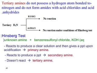 41
-Tertiary amines do not possess a hydrogen atom bonded to
nitrogen and do not form amides with acid chlorides and acid
anhydrides.
Hinsberg Test:
unknown amine + benzenesulfonyl chloride, KOH (aq(
- Reacts to produce a clear solution and then gives a ppt upon
acidification  primary amine.
- Reacts to produce a ppt  secondary amine.
- Doesn’t react  tertiary amine.
 