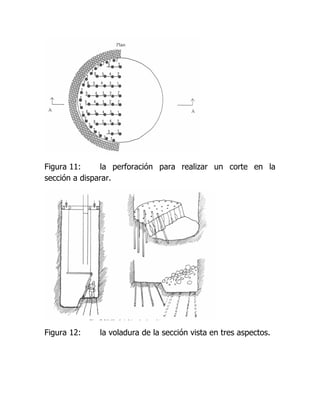 Figura 11:      la perforación para realizar un corte en la
sección a disparar.




Figura 12:    la voladura de la sección vista en tres aspectos.
 
