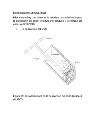 La voladura con taladros largos

Básicamente hay tres sistemas de voladura para taladros largos:
la destrucción del anillo, voladura por banqueo y la retirada del
cráter vertical (VCR).

  i.   La destrucción del anillo




Figura 14: Las operaciones en la destrucción del anillo (después
de AECI).
 