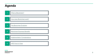 Agenda
8
2
3
5 Implementation Considerations
6 HPE Point of View
4 Blockchain Business Benefits
1 What is Blockchain?
The Blockchain Evolution
2 How does Blockchain work?
 